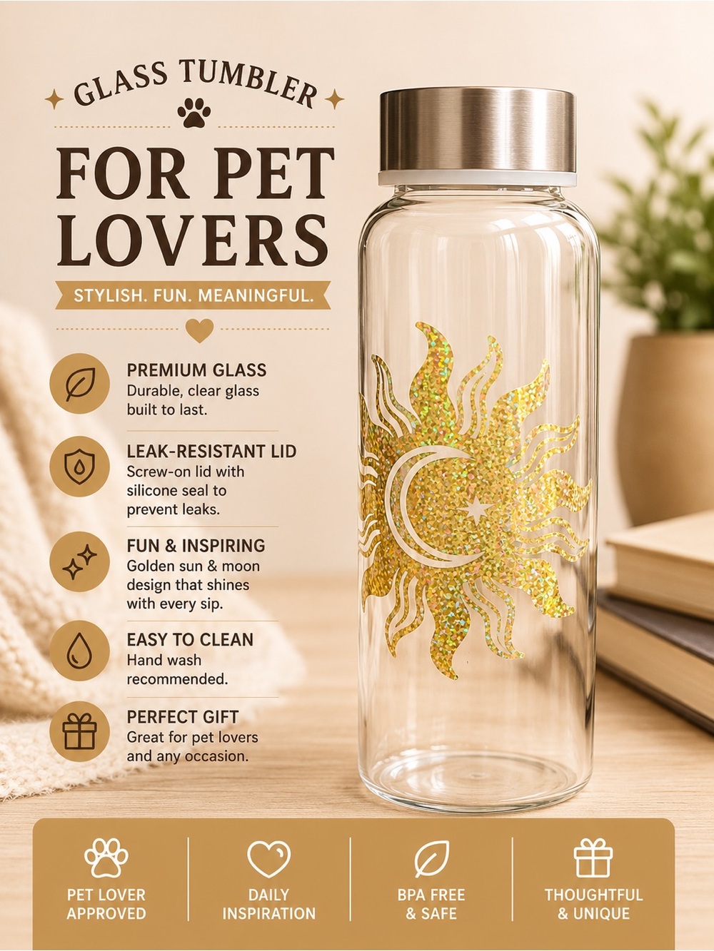 Hand Crafted Gold Sun & Moon Glass Tumbler